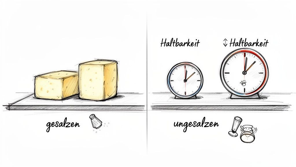 Bildvergleich: Gesalzenes Lebensmittel (Käse) mit langer Haltbarkeit, ungesalzenes mit kurzer.