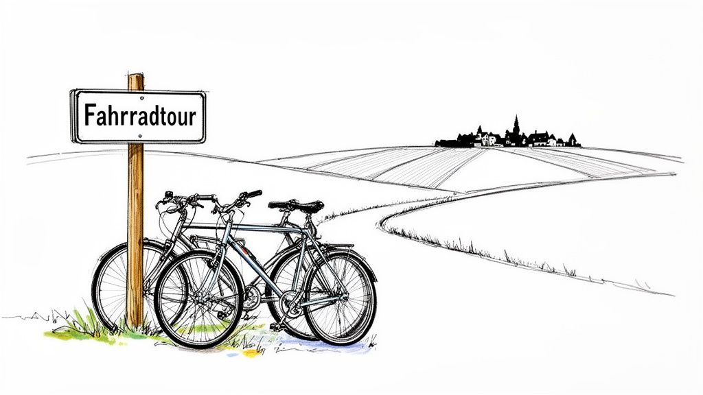 Zwei Fahrräder stehen an einem Schild 'Fahrradtour' vor einer ländlichen Landschaft mit Dorf und Weg.