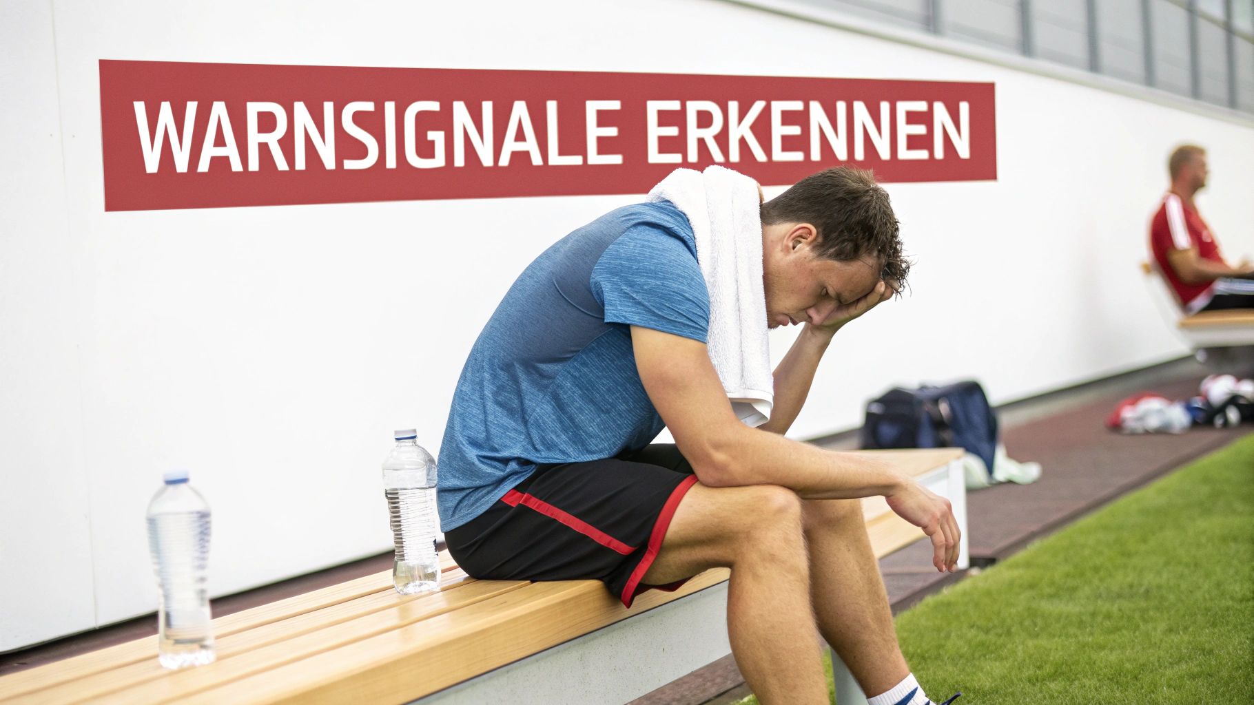 Erschöpfter Sportler sitzt auf einer Bank mit einem Schild: „Warnsignale erkennen“.