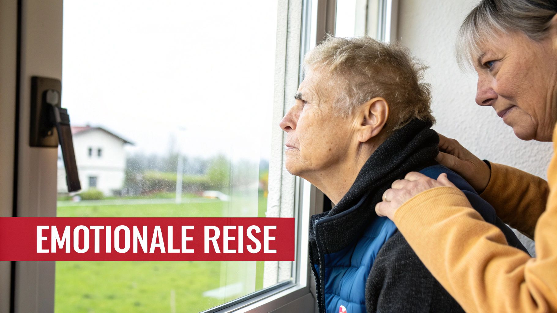 Älterer Mann blickt nachdenklich aus dem Fenster, während eine Frau ihn liebevoll stützt.