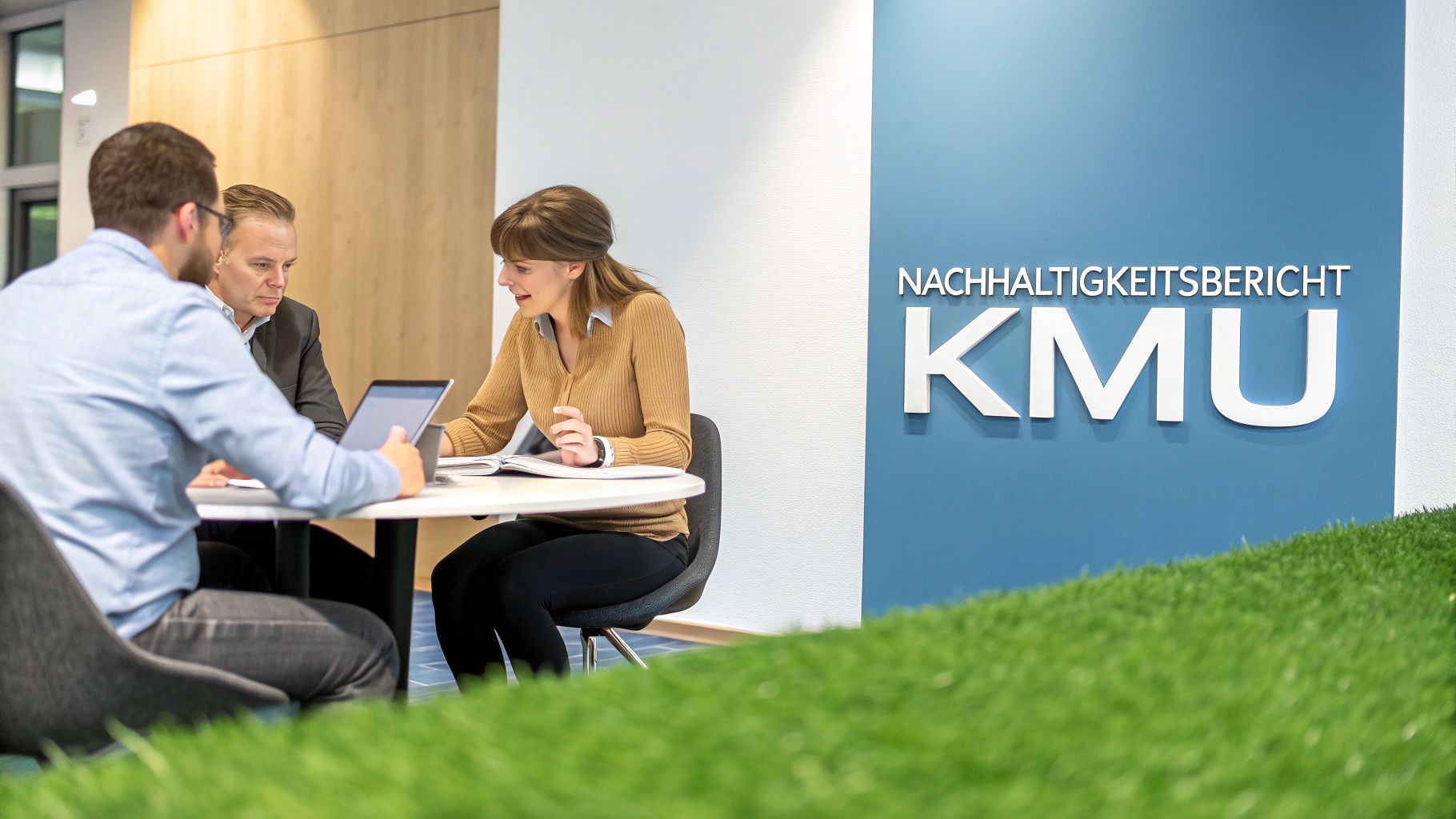 Employees work together at one table on a sustainability report