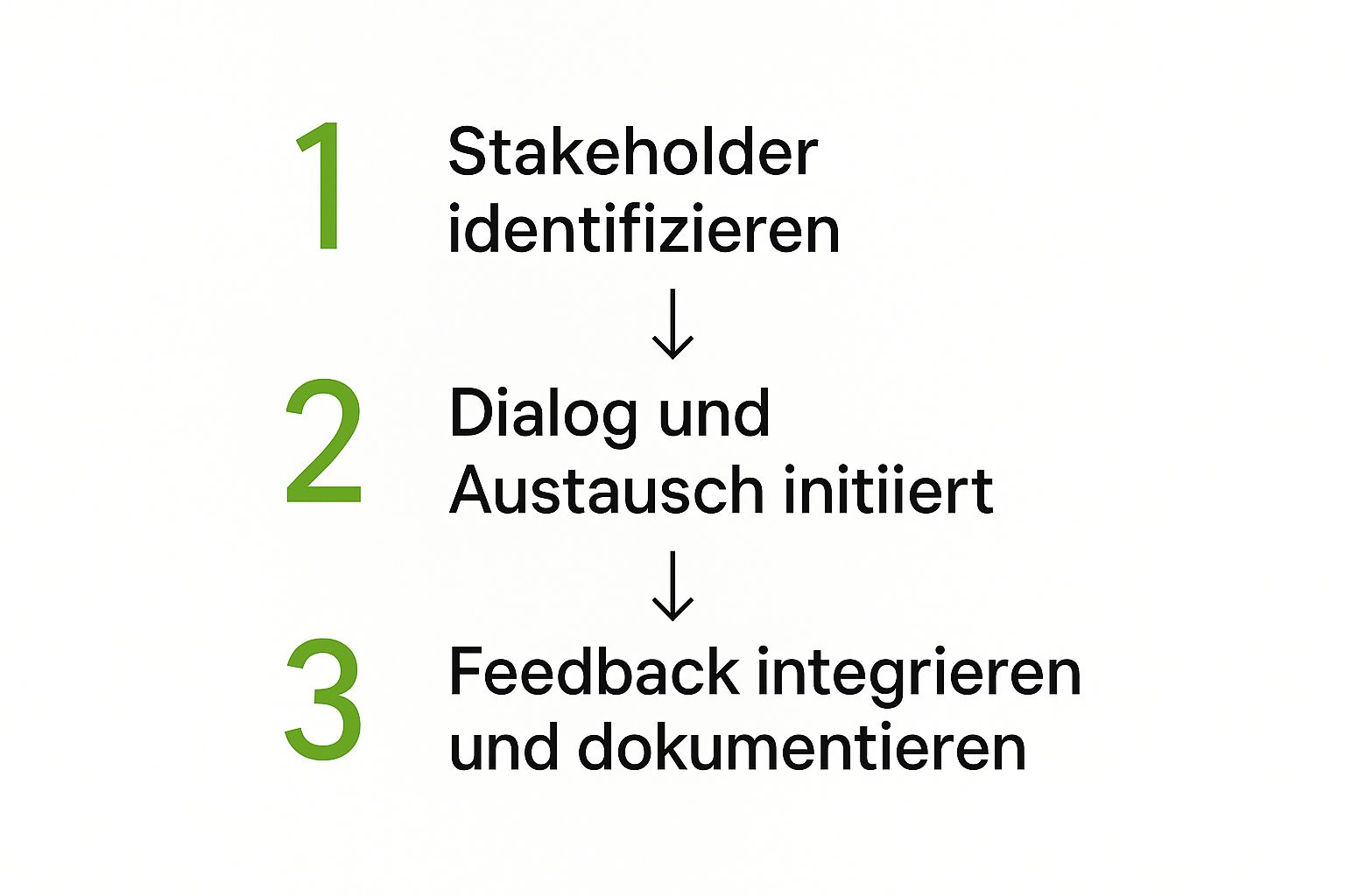 Infographic depicting the three-stage process of stakeholder engagement: Identify, Initiate Dialogue and Integrate Feedback.