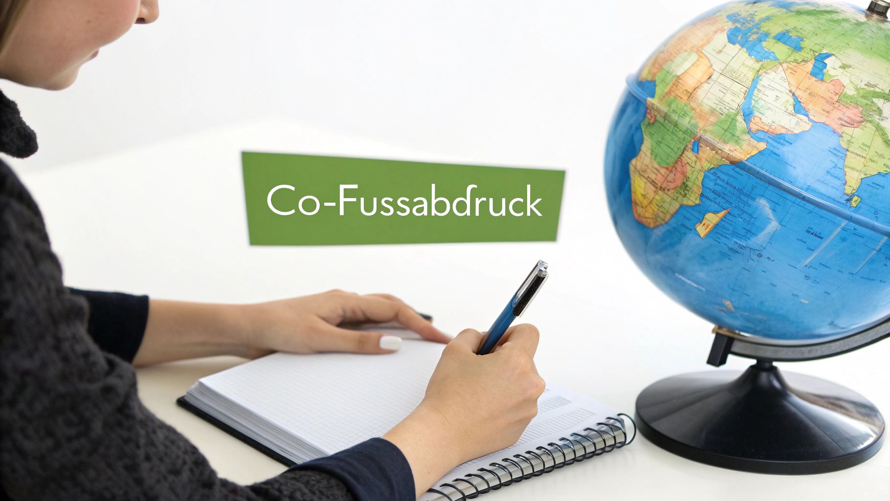 Illustration zum Thema CO₂-Fußabdruck: Auf grünem Hintergrund ein großer Fußabdruck über einer Weltkugel, links daneben der Titel 'CO₂-Fußabdruck berechnen – so geht’s' in weißer Schrift.