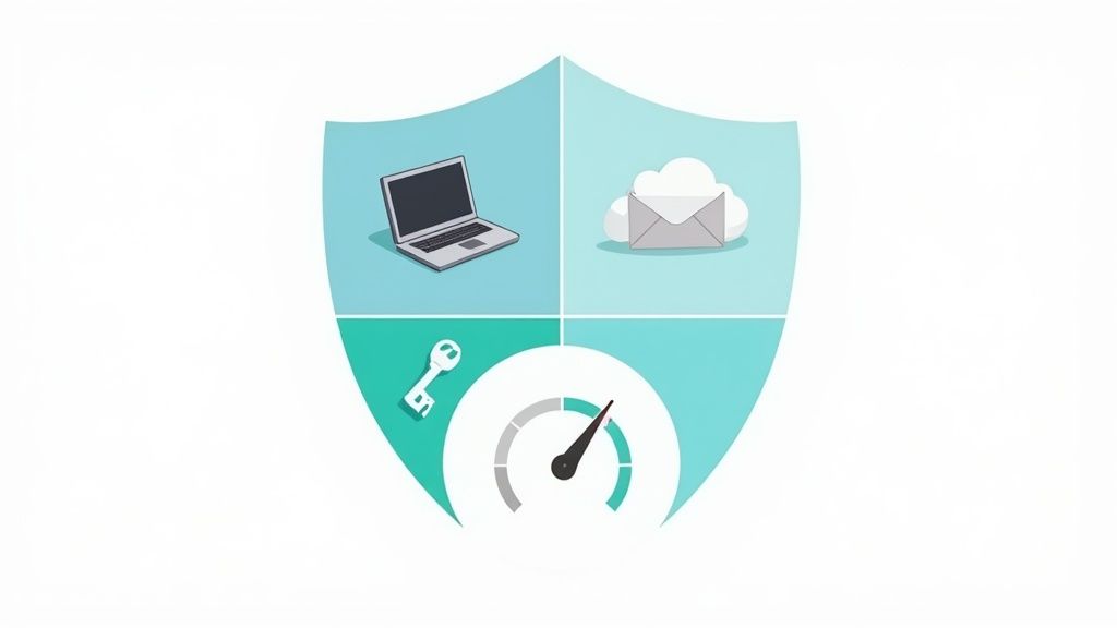 A security professional analyzing data on a holographic interface, representing a modern cybersecurity posture assessment.