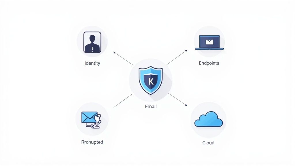A strategic diagram showing interconnected nodes representing different security domains.