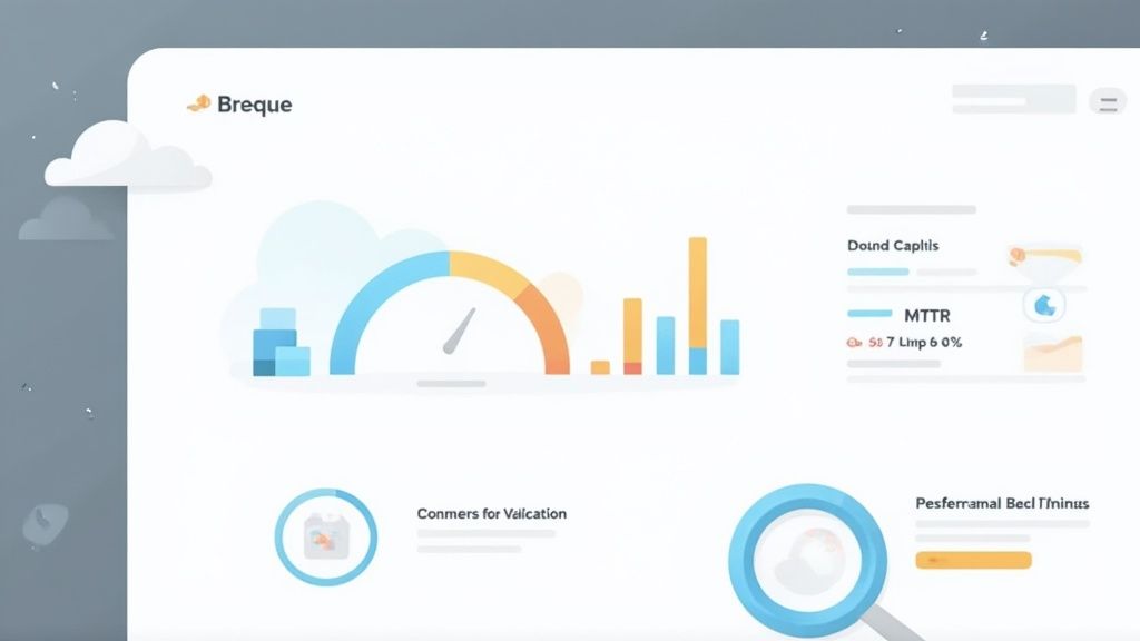 A modern digital dashboard featuring a gauge, bar charts, and data insights for monitoring cloud services.