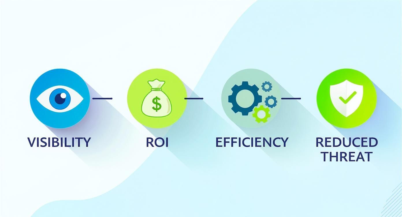 Infographic detailing the four key business outcomes of ISPM Visibility, ROI, Efficiency, and Reduced Threat.