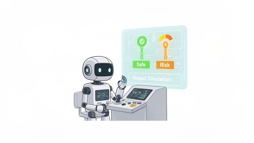 A cartoon robot operates a control panel, displaying 'Safe' and 'Risk' indicators for 'Impact Simulation'.