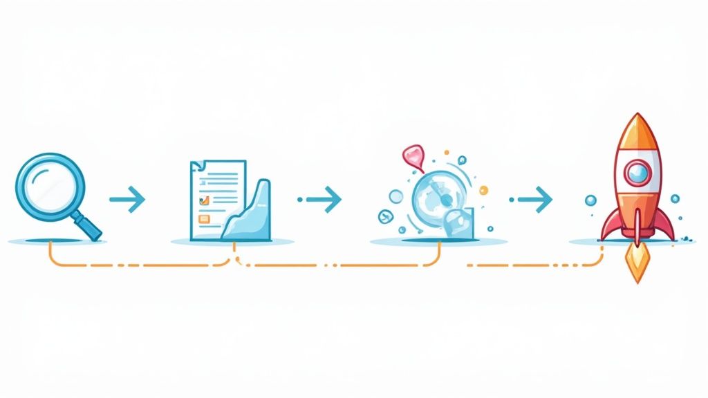 Four-step process workflow showing magnifying glass, document, global connectivity icons, and launching rocket illustration