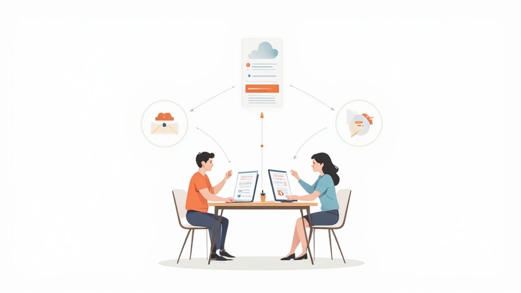 Two professionals collaborating on incident management procedures using laptops with cloud storage and location tracking integration