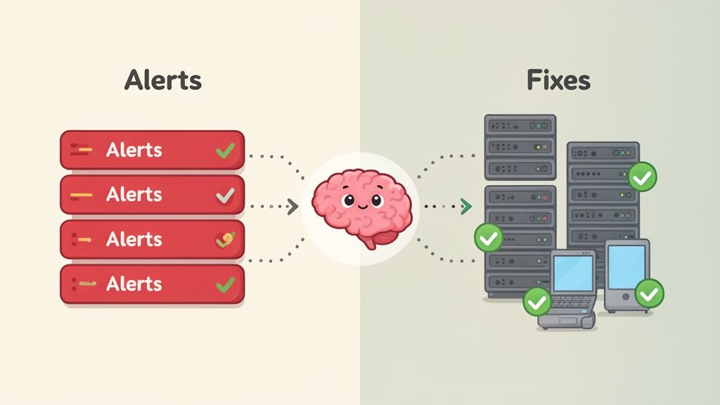Illustration of alerts processed by a brain, resulting in resolved issues on technology systems.