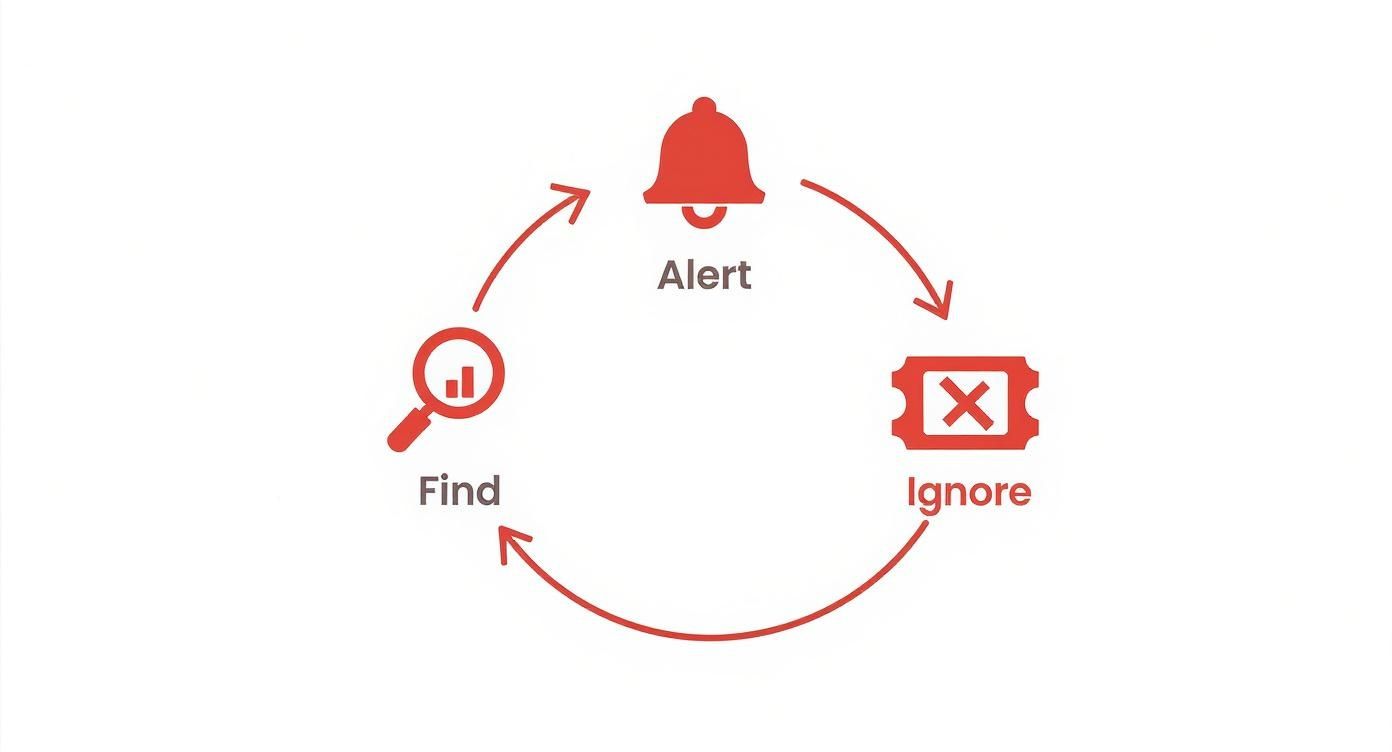 Infographic showing a circular process flow of wasted effort in threat management Find, Alert, and Ignore.