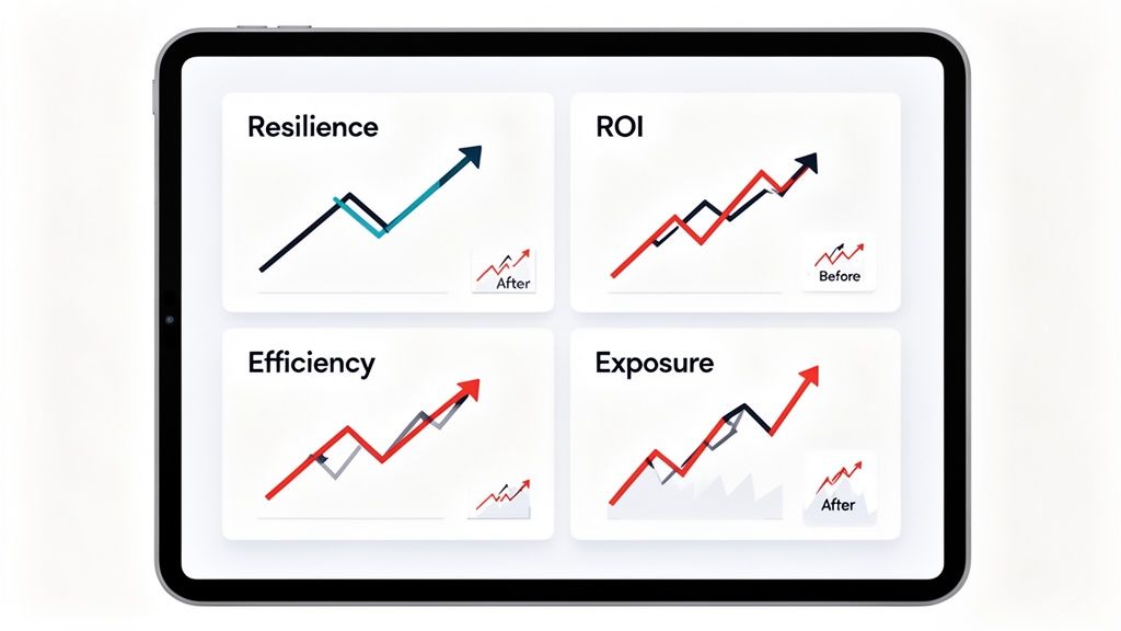 A tablet displays a business dashboard with four charts showing improved resilience, ROI, efficiency, and exposure.