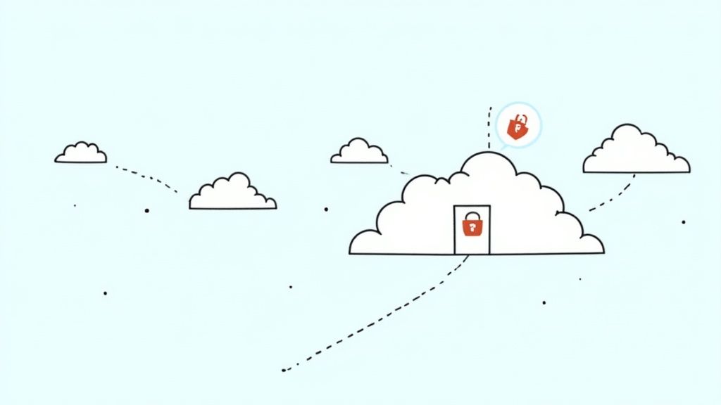 A visual representation of a secure cloud network with interconnected nodes and a shield icon in the center