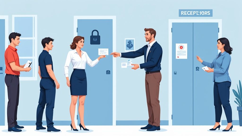 Office scene showing people exchanging documents and cards, possibly related to access or identity management.