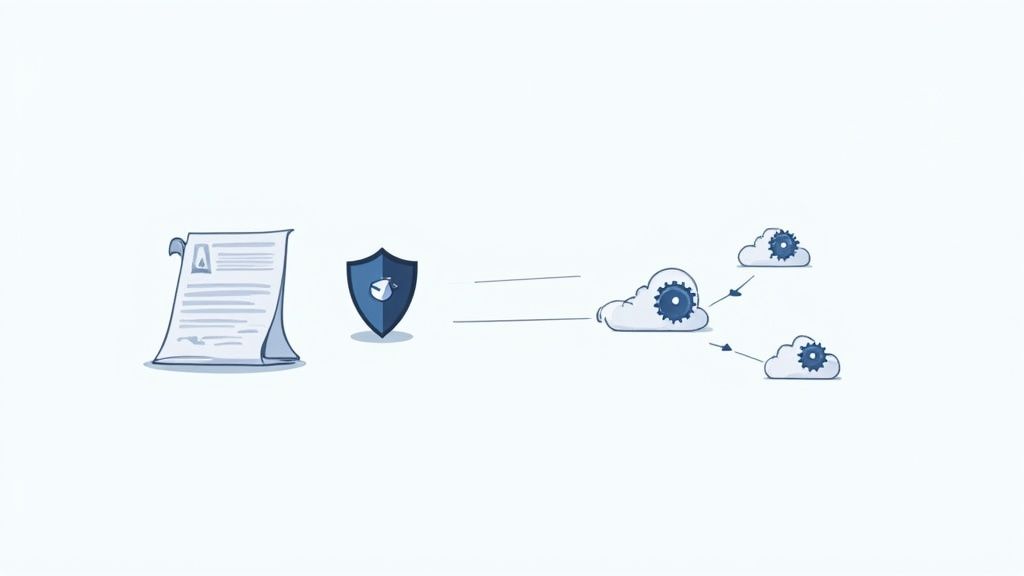 A document under a security shield is processed and distributed across multiple cloud services.