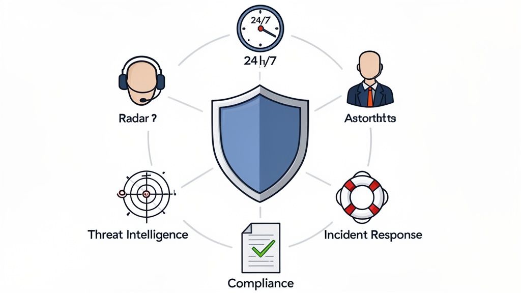 An infographic showing a central shield surrounded by icons representing 24/7 support, threat intelligence, incident response, compliance, and monitoring services.