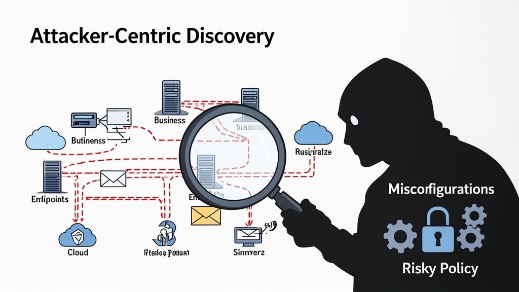 An attacker with a magnifying glass examines a network diagram for misconfigurations and risky policies.