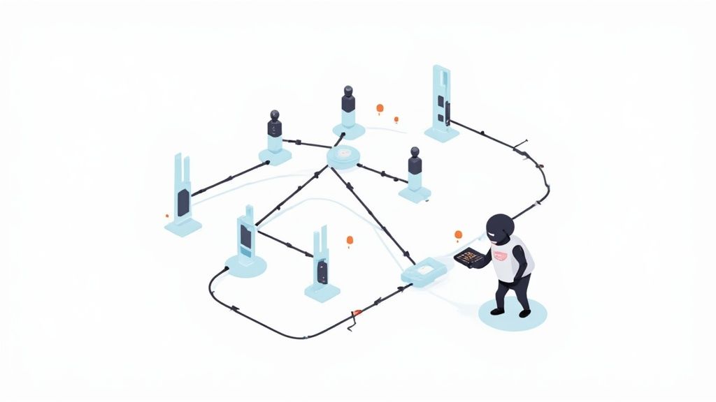 An isometric illustration of a network diagram with a central hub, connected devices, and a user operating a laptop.