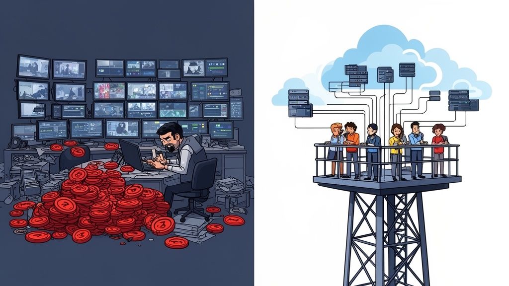 Image contrasting traditional, overwhelmed security monitoring with collaborative, cloud-based SIEM services.