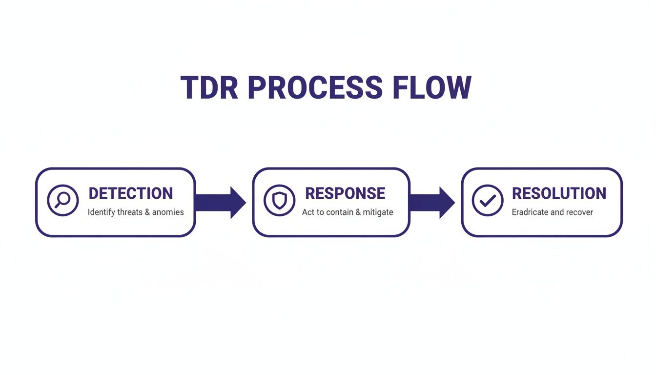 A flowchart illustrating the TDR (Threat Detection and Response) process with three steps: Detection, Response, and Resolution.