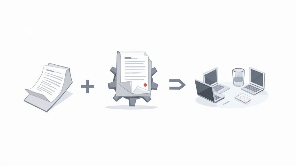 Workflow illustration: physical documents processed digitally, resulting in a collaborative digital workspace with three laptops.