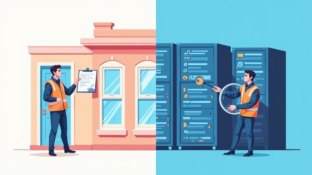 Two security professionals conducting vulnerability assessment and penetration testing on building infrastructure and servers