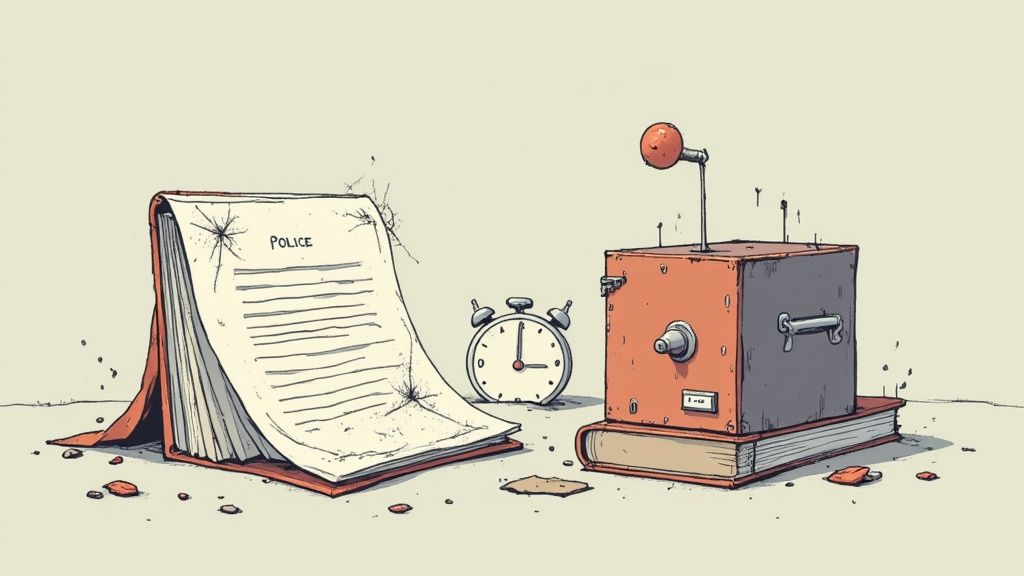 An old book titled 'POLICE', an alarm clock, and a vintage radio-like device.