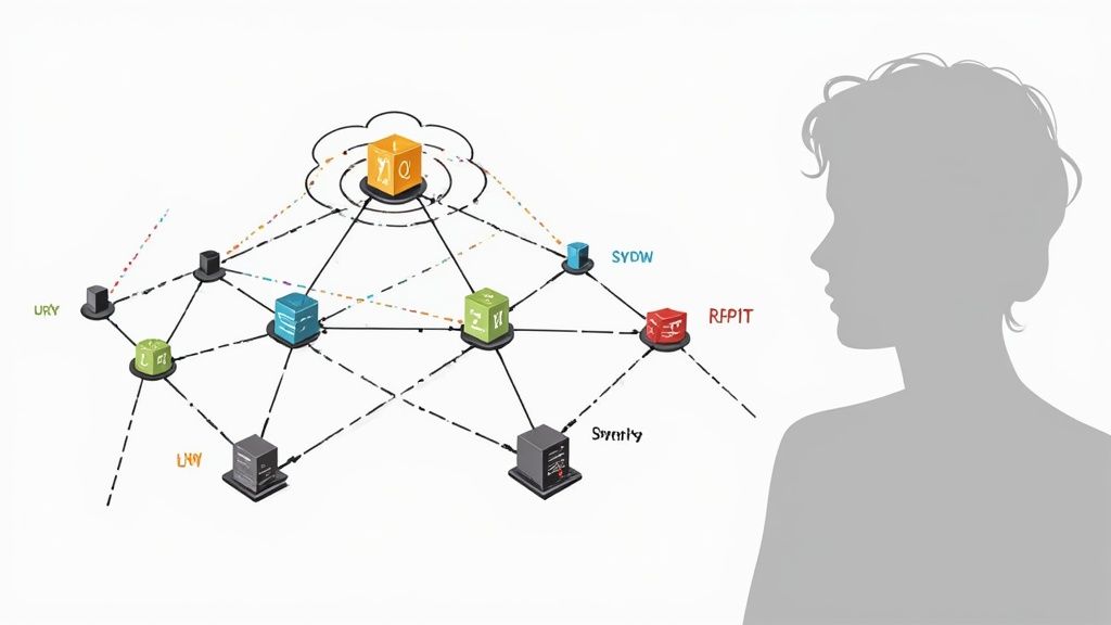 Network security diagram showing interconnected vulnerability assessment and penetration testing tools with professional silhouette