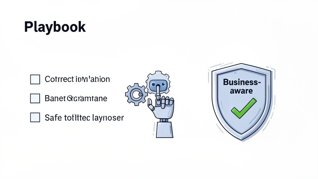 A Playbook title, checklist, robot with gears, and a Business-aware security shield with a green checkmark.