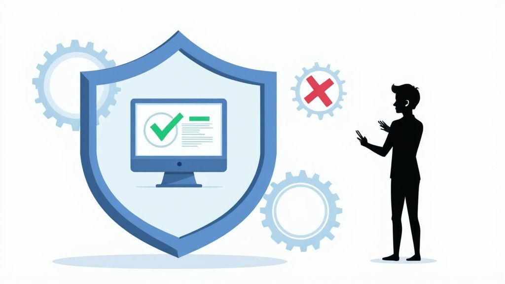 Digital security concept showing a shield protecting a computer from potential risks.