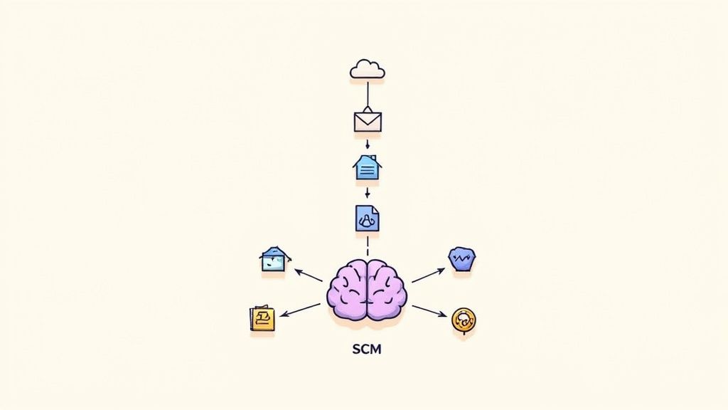 A magnifying glass hovering over a computer screen, highlighting configuration settings and showing an increasing ROI graph.