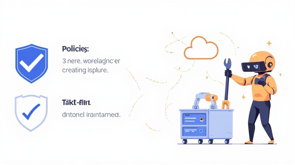 A robot with a wrench, a cloud icon, and shield checkmarks represent automated cloud security policy management.