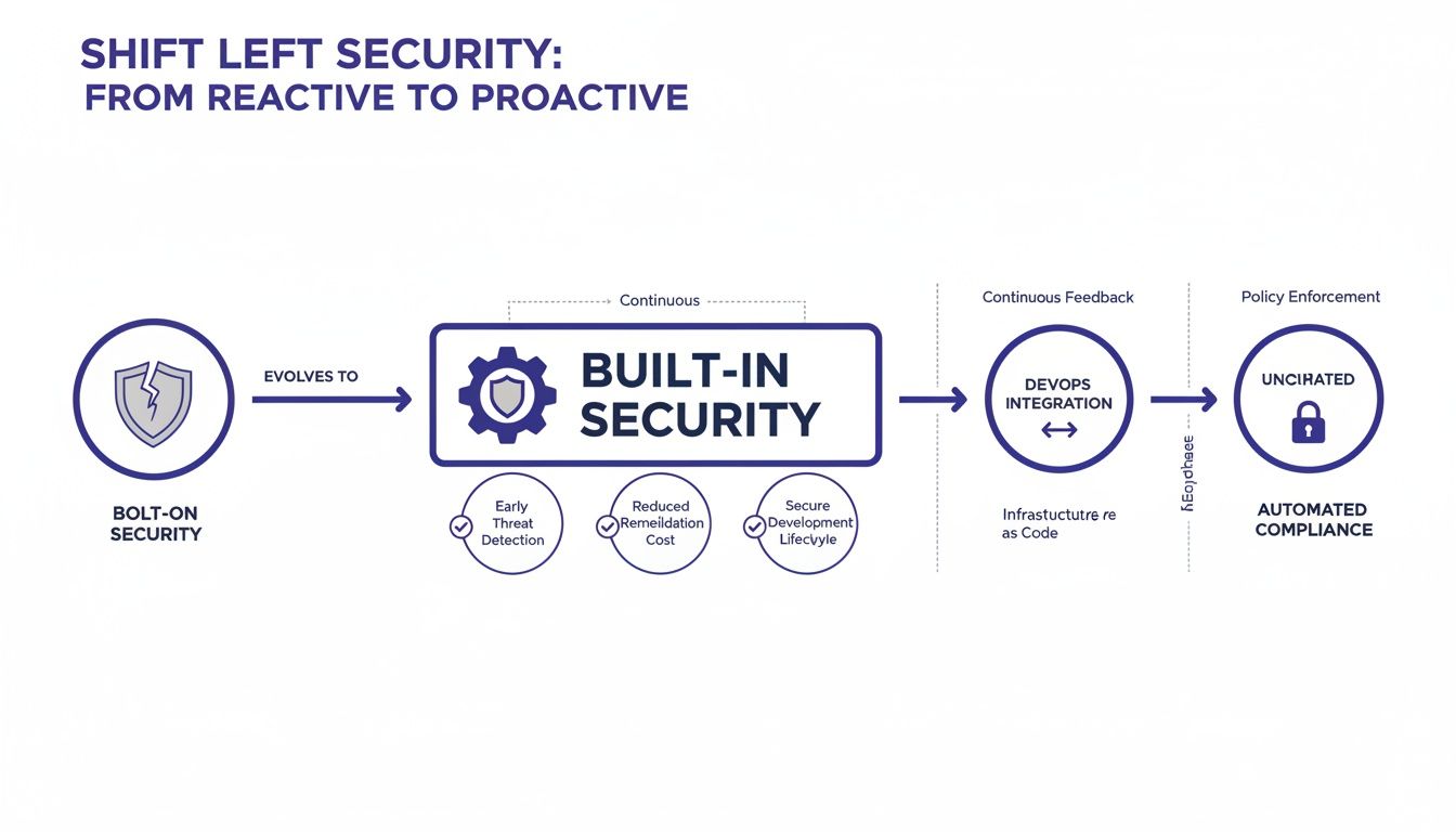 Shift left security diagram: evolving from reactive bolt-on to proactive built-in security, DevOps integration, and automated compliance.