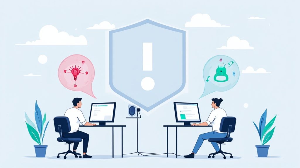 Two professionals working at computers with security shield and thought bubbles representing cybersecurity collaboration