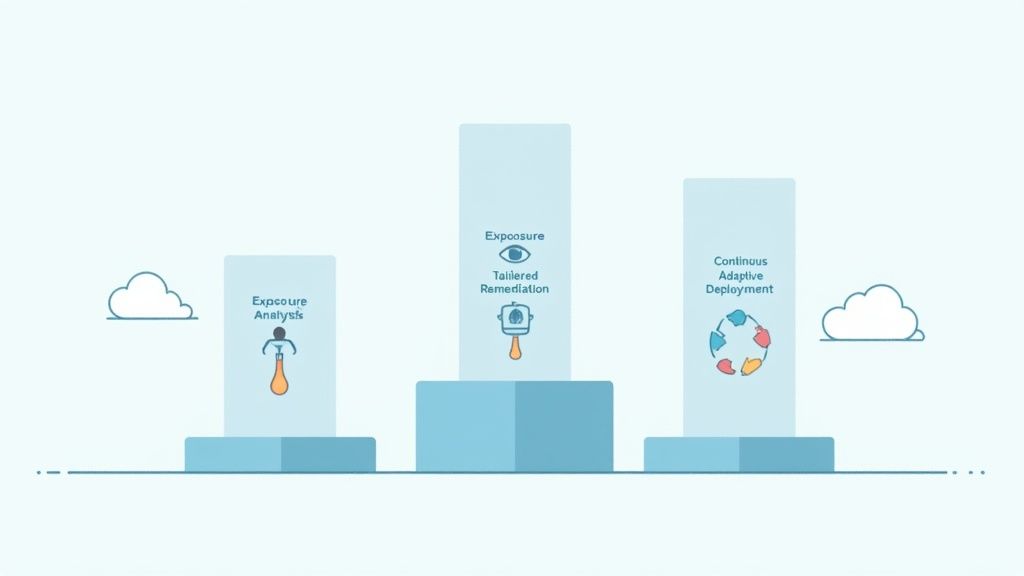 A visual representation of the three pillars of ISPM—Analysis, Remediation, and Deployment—supporting a secure digital environment.