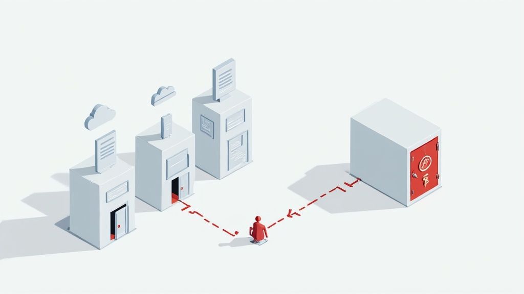 Isometric illustration of a person managing data flow between buildings and a secure safe.
