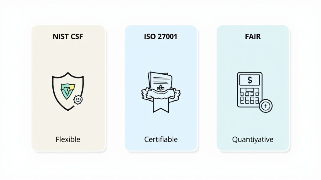Three cards illustrating cyber risk management frameworks: NIST CSF (Flexible), ISO 27001 (Certifiable), and FAIR (Quantiyative).