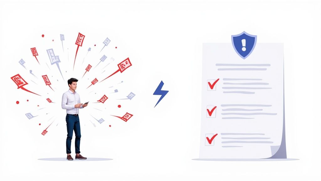 Man using tablet to filter security alerts converting to organized vulnerability checklist document