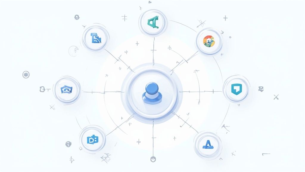 A central blue user icon surrounded by and connected to six different application logos, illustrating a digital network.