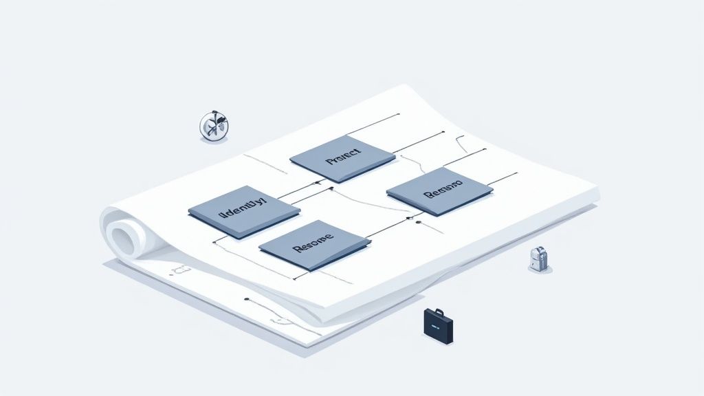 An isometric diagram on a blueprint showing a cybersecurity framework with steps: Identify, Protect, Respond, Recover.
