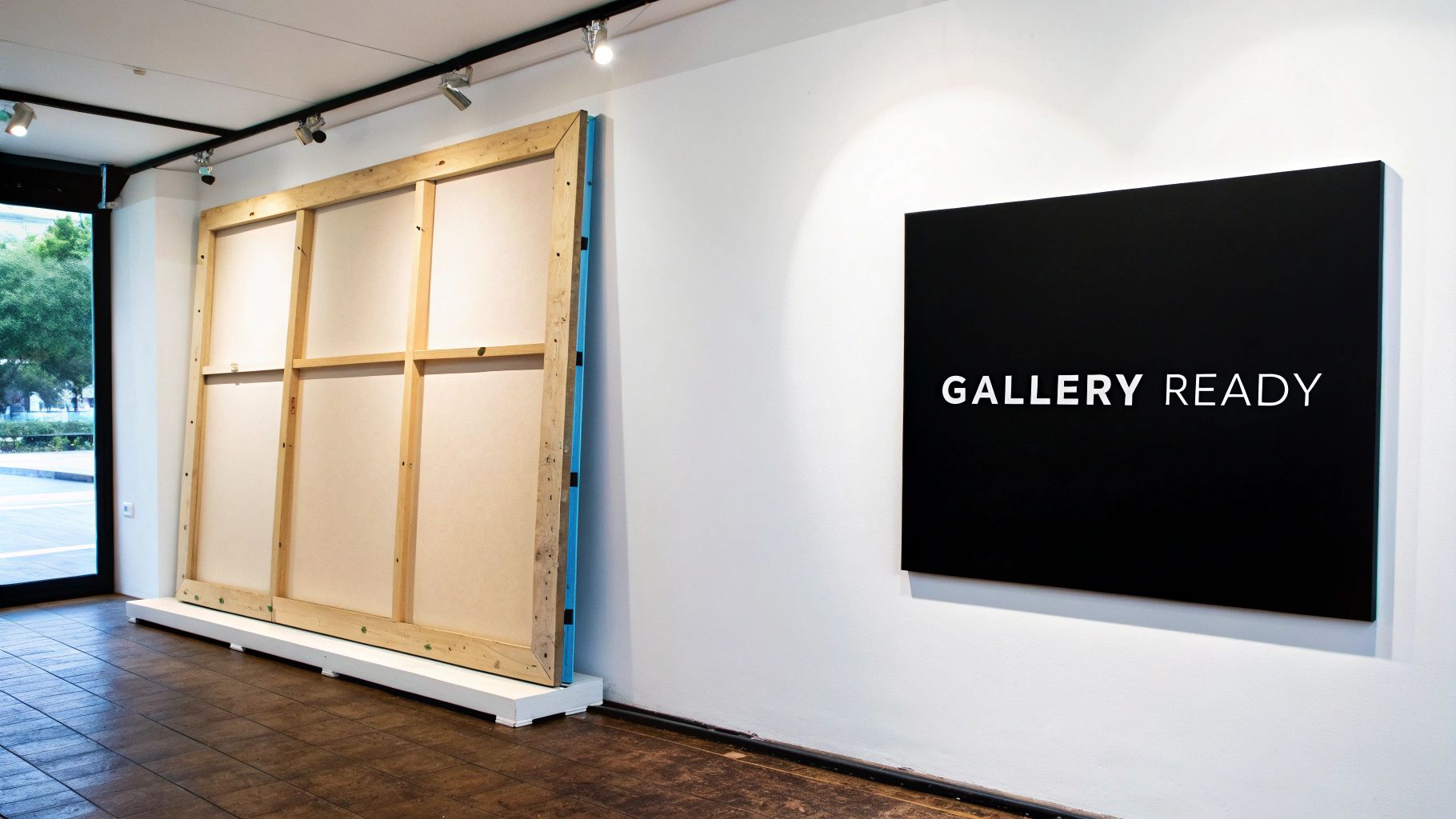 A person carefully stretching a large canvas painting over a wooden frame on a work table