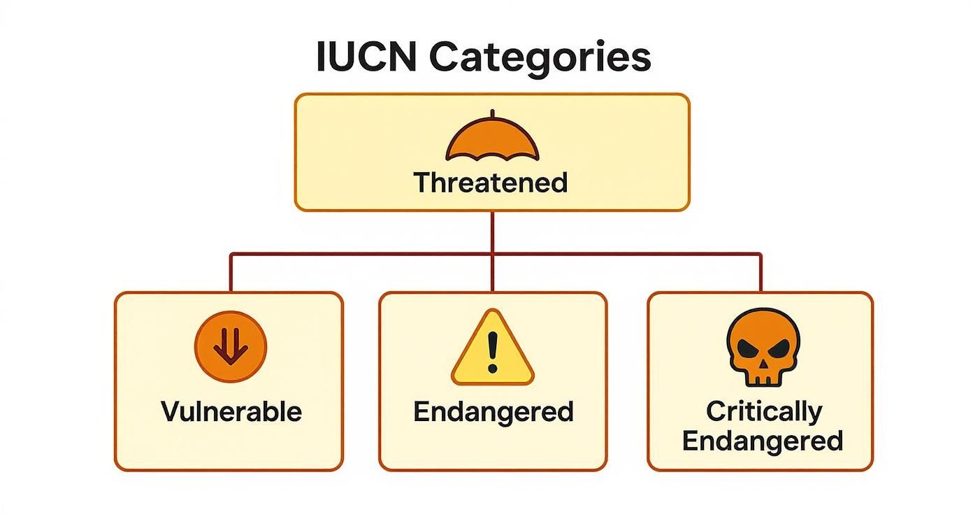 Infographic illustrating IUCN's Threatened species categories: Vulnerable, Endangered, and Critically Endangered.
