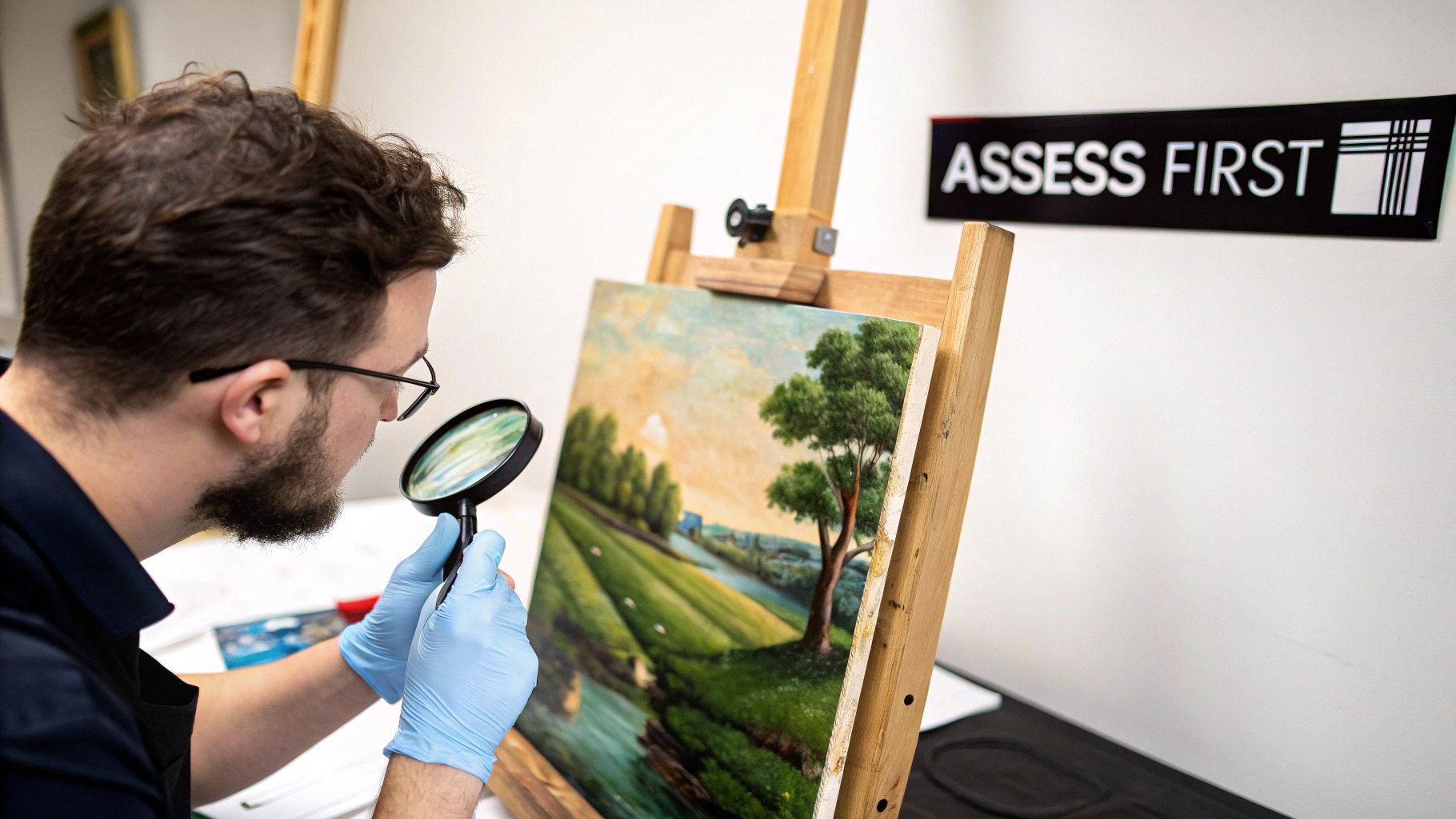 A person carefully examining an oil painting with a soft brush before cleaning it.