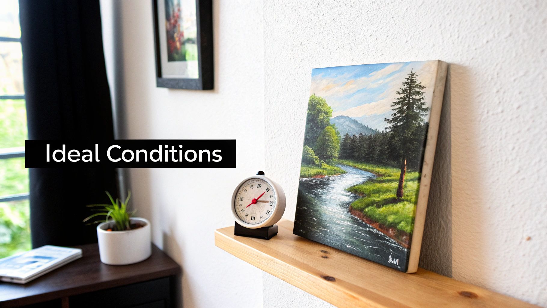 A well-lit room with several paintings hanging on a white wall, showcasing a safe environment for art.