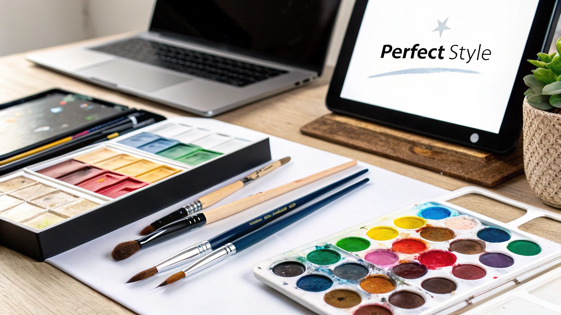 A vibrant, detailed painting of a golden retriever against a blue background.