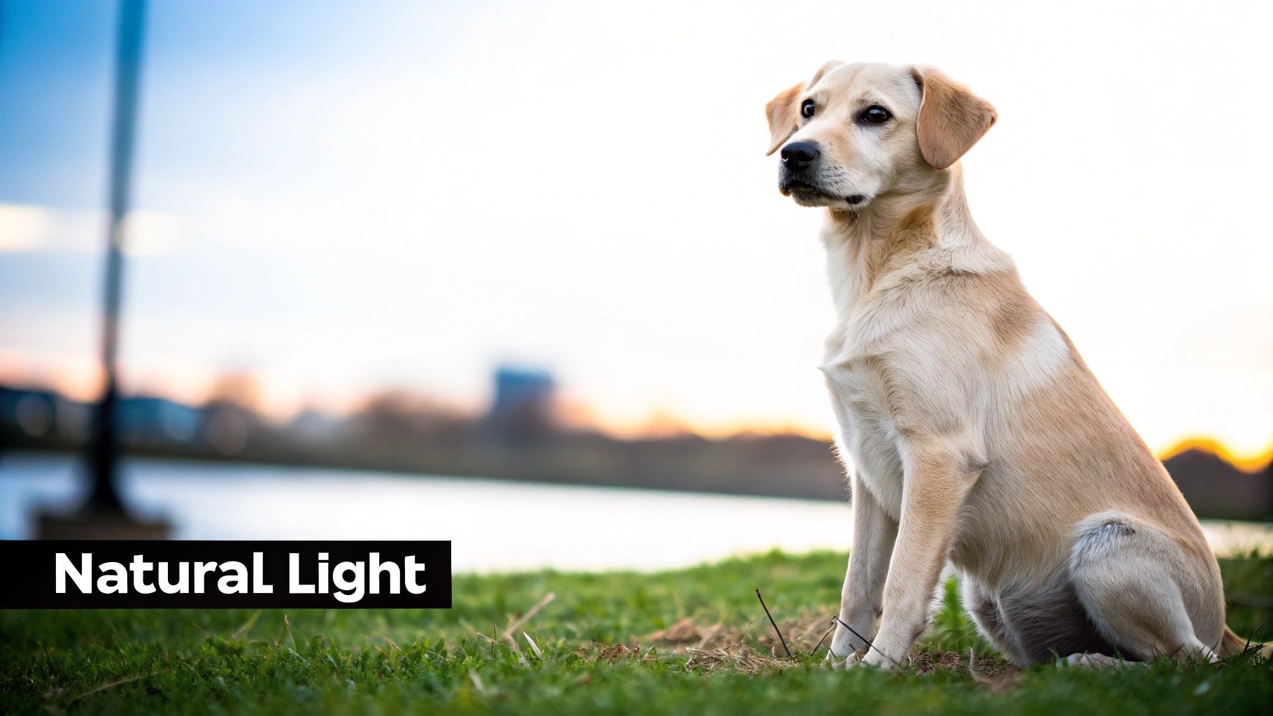 A golden retriever sits in a field during golden hour, with soft, warm light illuminating its fur.