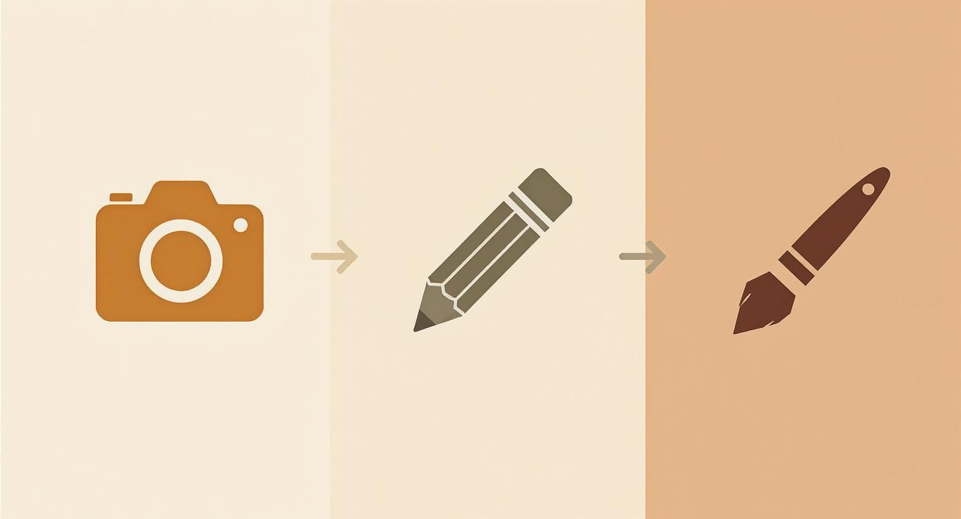 Icons illustrating the creative process: a camera, a pencil, and a paintbrush in sequence.