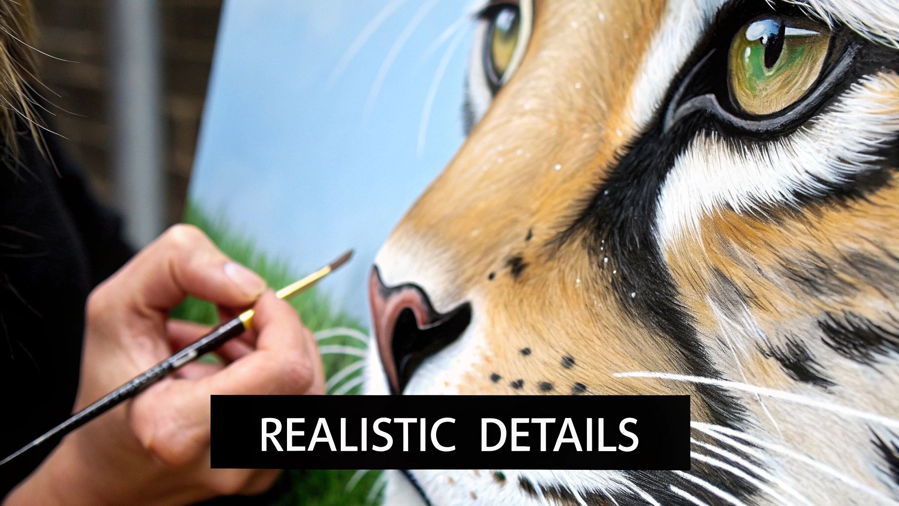 Close-up of an artist painting realistic details of a tiger's eye and fur.