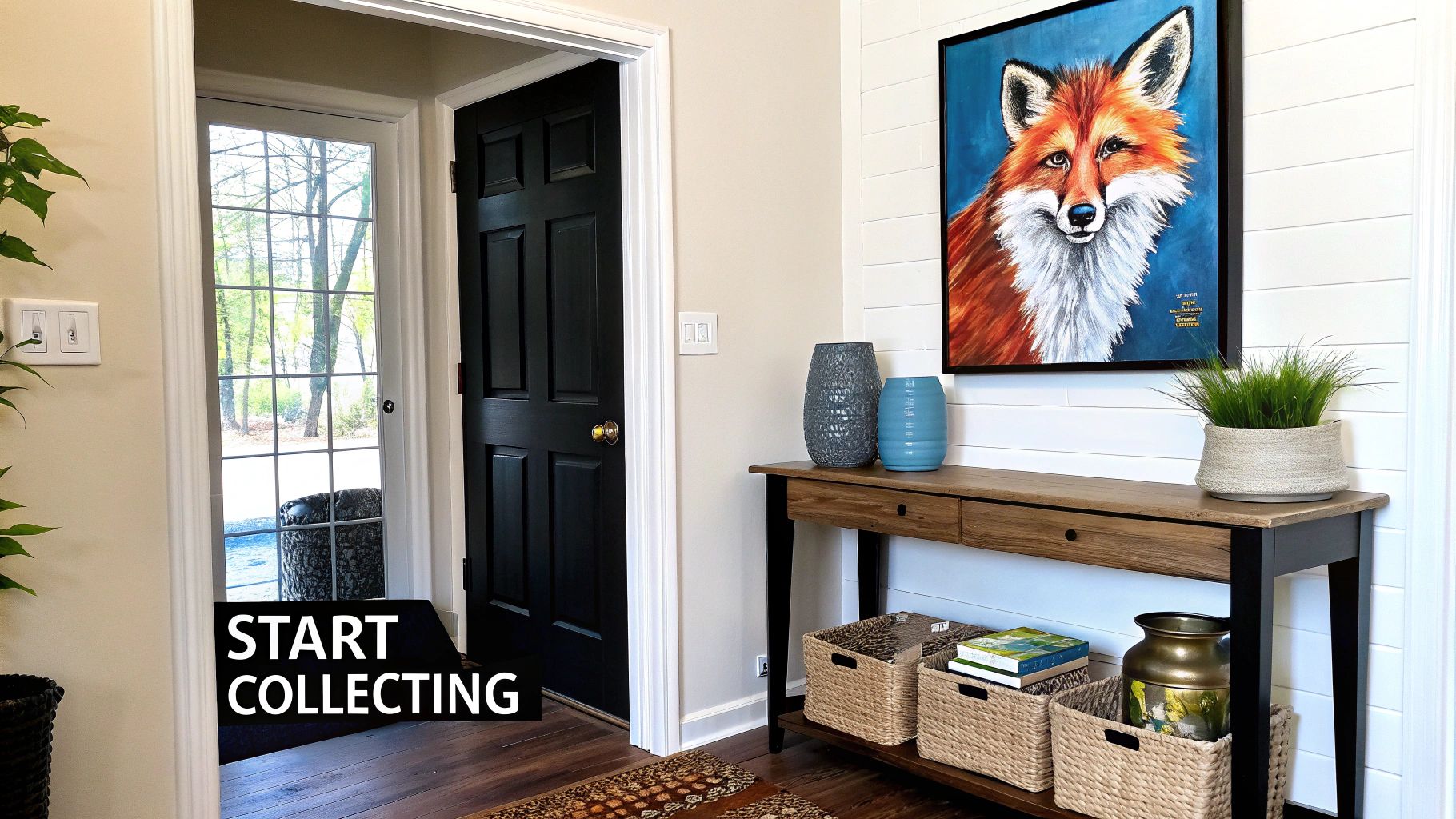 A person’s hand pointing to a framed acrylic painting of a deer hanging on a wall.